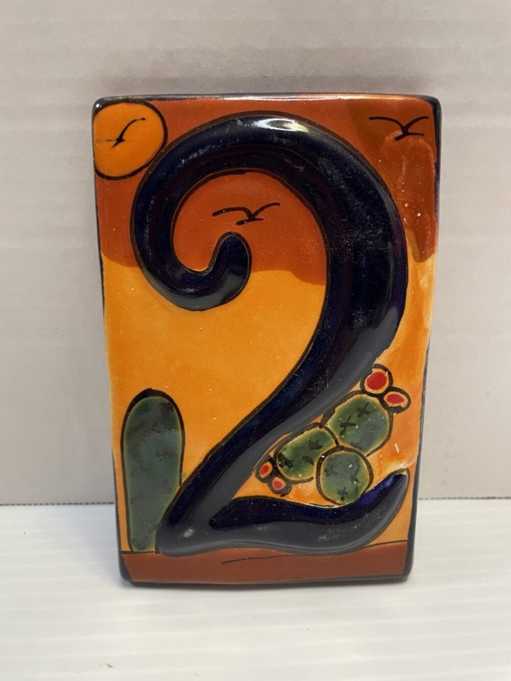Mexican Talavera Desert Tile Address House Number Two 2 Hand Made Painted - NEW